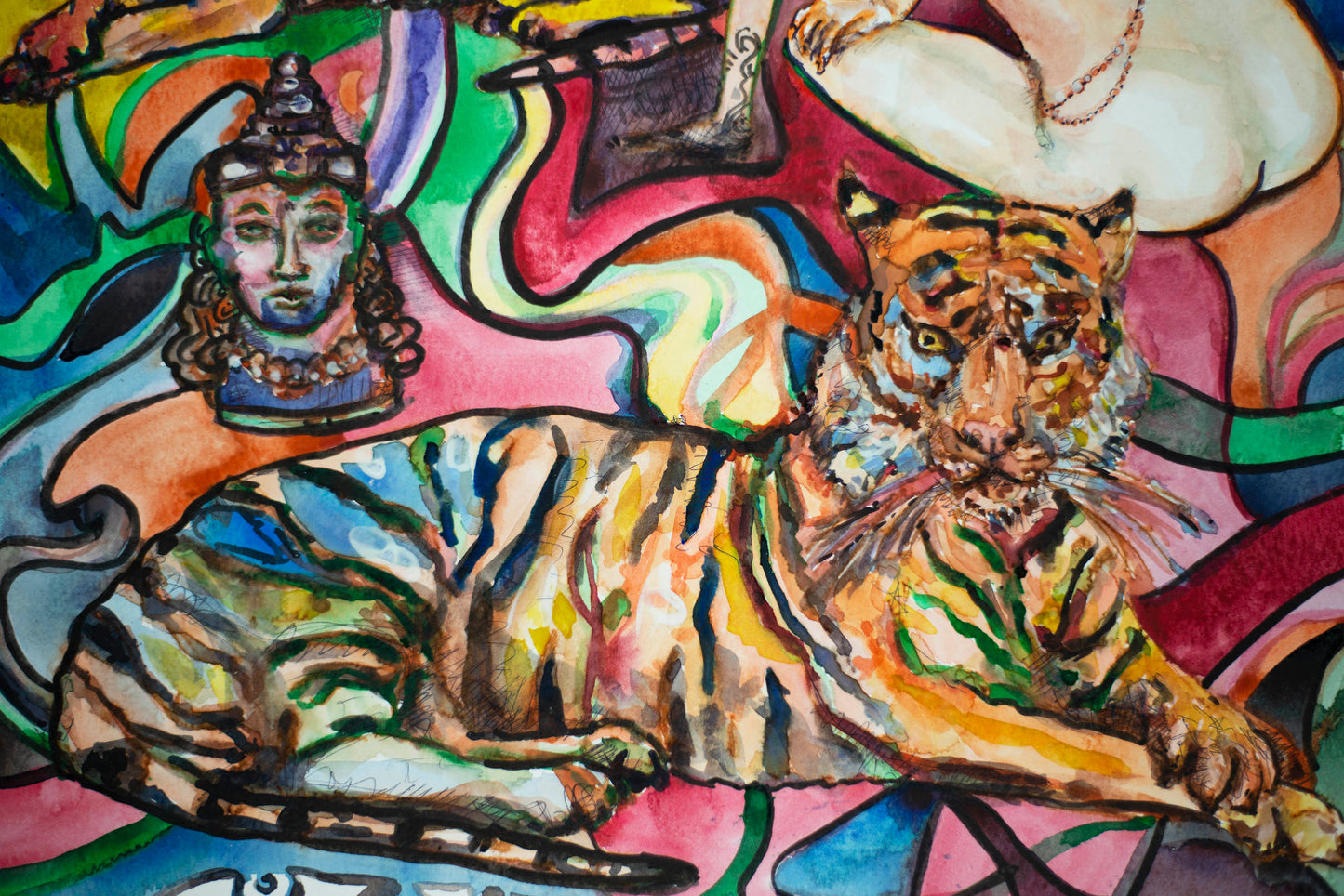 Mystical Tigers and Divine Dancers - Original Watercolor