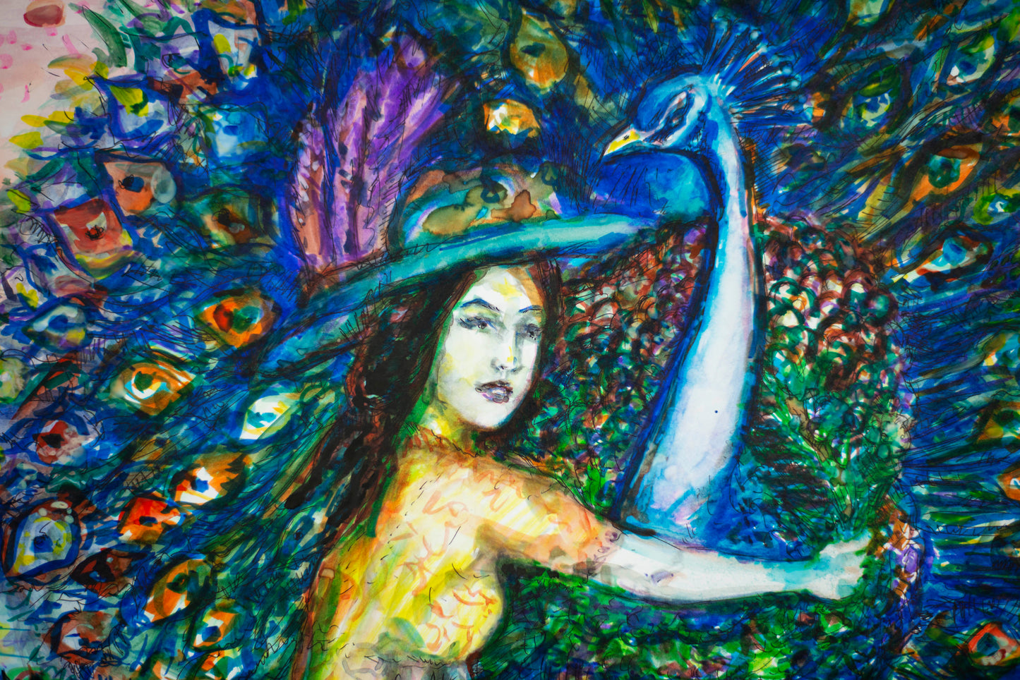 PEACOCK GODDESS - Original Mixed Media Art 18 x 24 inches