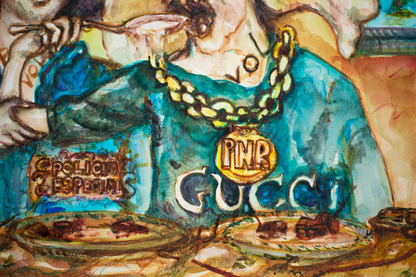 Luxury Consumption: The Golden Spoon - Original Watercolor