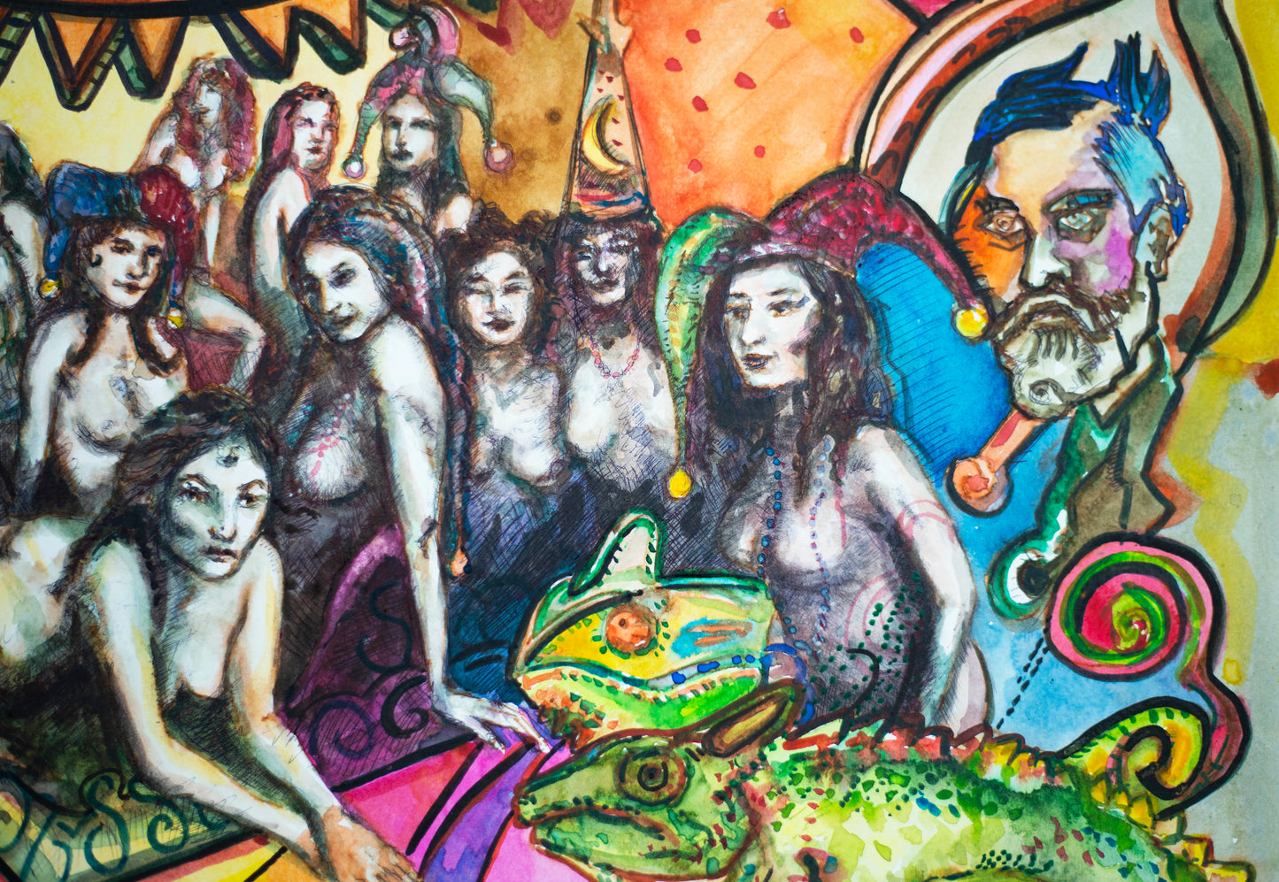 The All-Seeing Eye's Harem: Electric Ladies - Original Watercolor