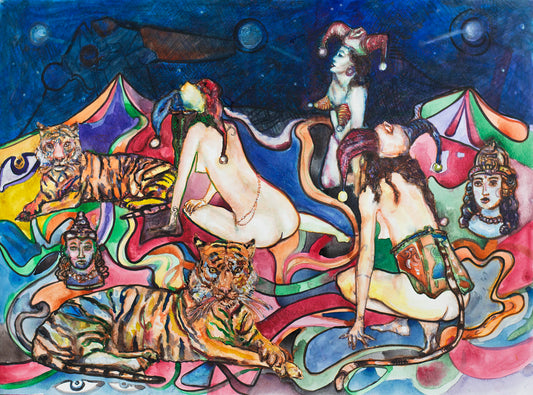 Mystical Tigers and Divine Dancers - Original Watercolor